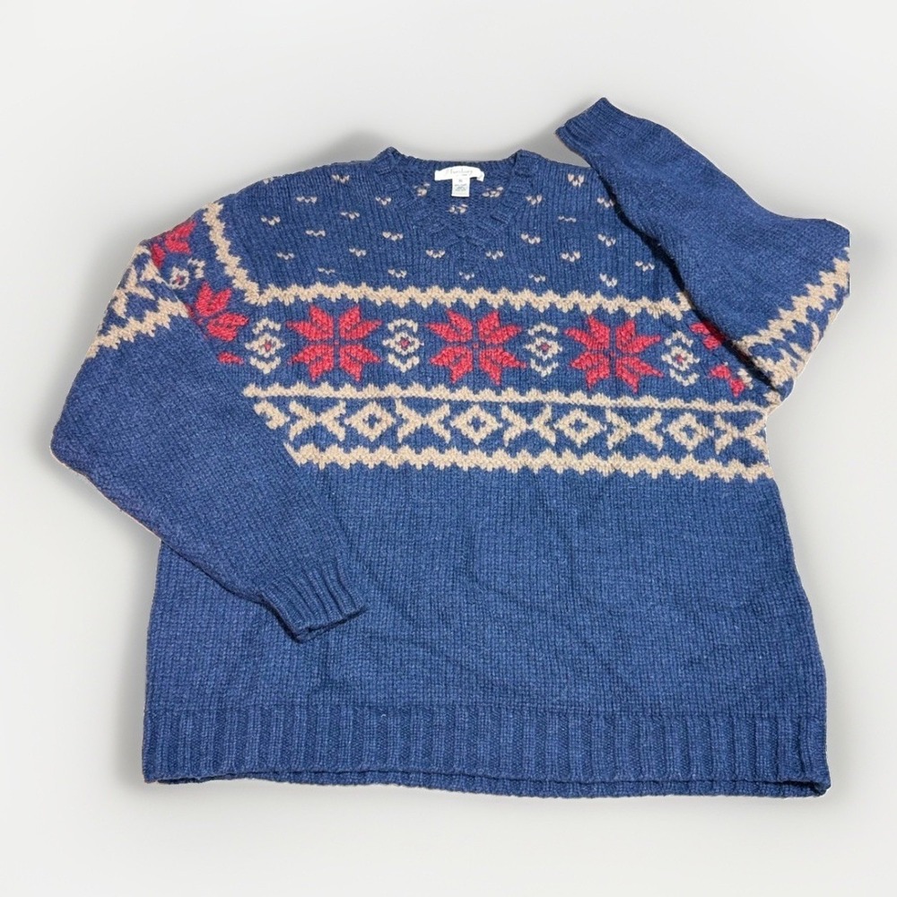 Turnbury V-Neck Sweater XL Fair Isle Lambswool Navy Blue Red Snowflake Pullover
